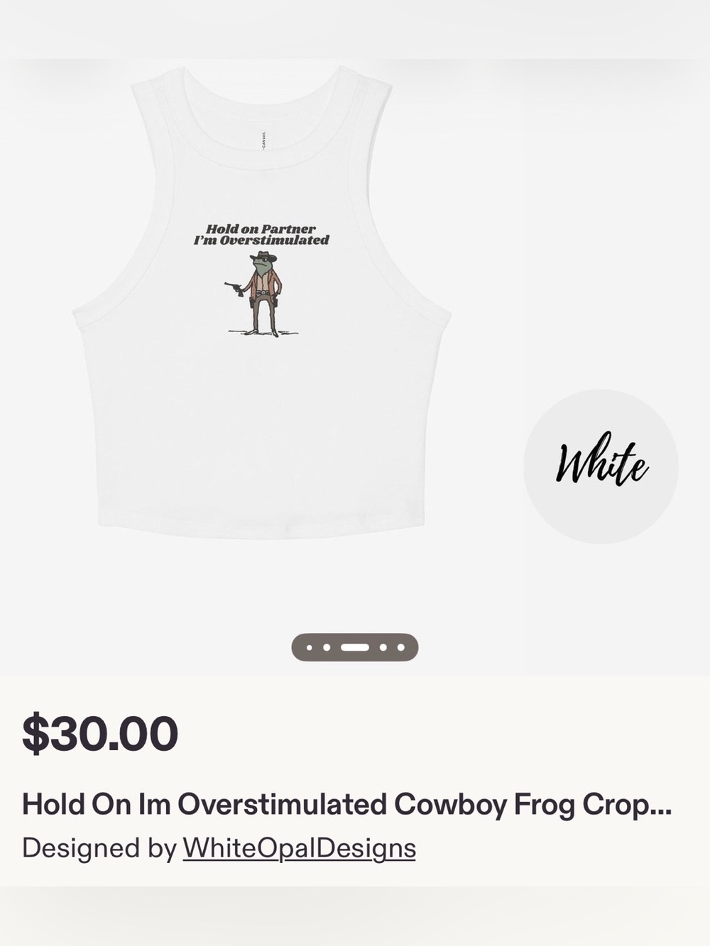 Graphic Crop Tank Top (Custom from Etsy) - White "Hold on Partner" Cowboy Frog - Picture 2 of 5